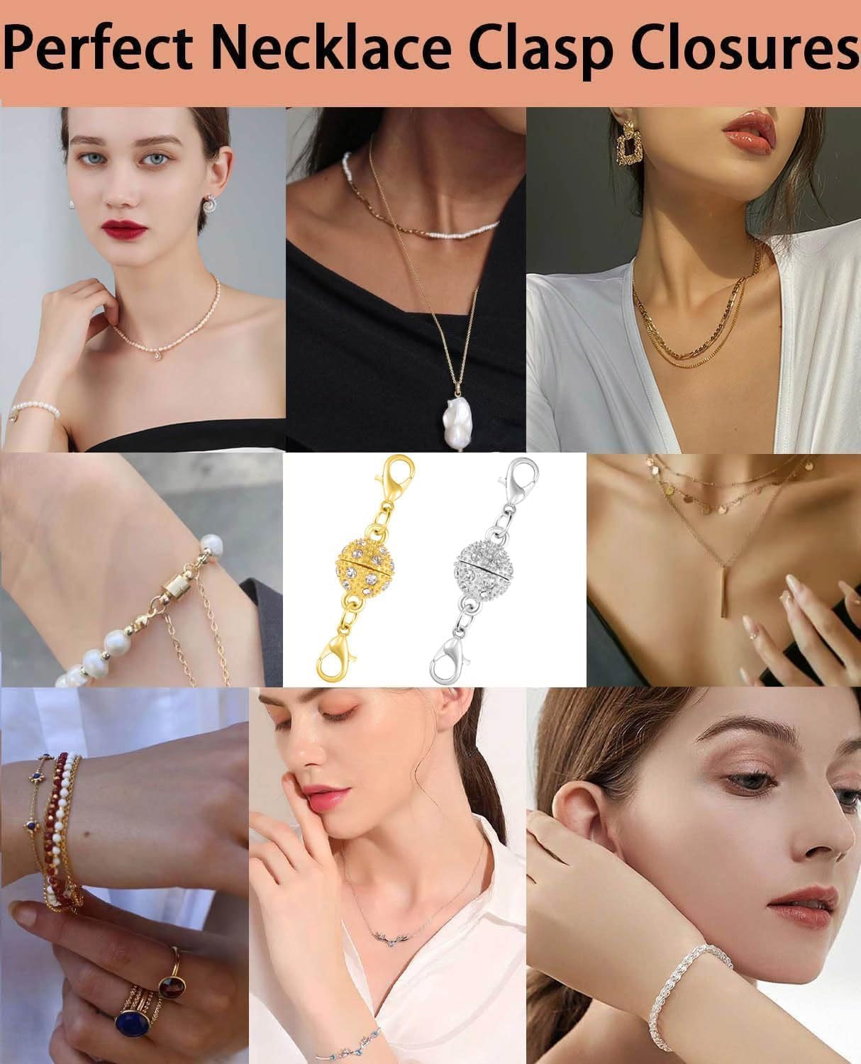 Magnetic Necklace Clasps, 18K Gold and Silver, Crystal Rhinestone Ball Connector with Lobster Clasp, Jewelry Extender for Necklaces, Bracelets (3pcs Golden)