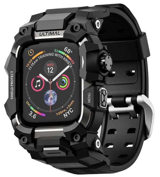 ULTIMAL Rugged Case with Band for Apple Watch 44mm,Compatible with Apple Watch Series SE 3/SE 2/SE Generation/6/5/4, Military Grade Shockproof Bumper Cover for iWatch Tactical Band Men (Black, 44mm)