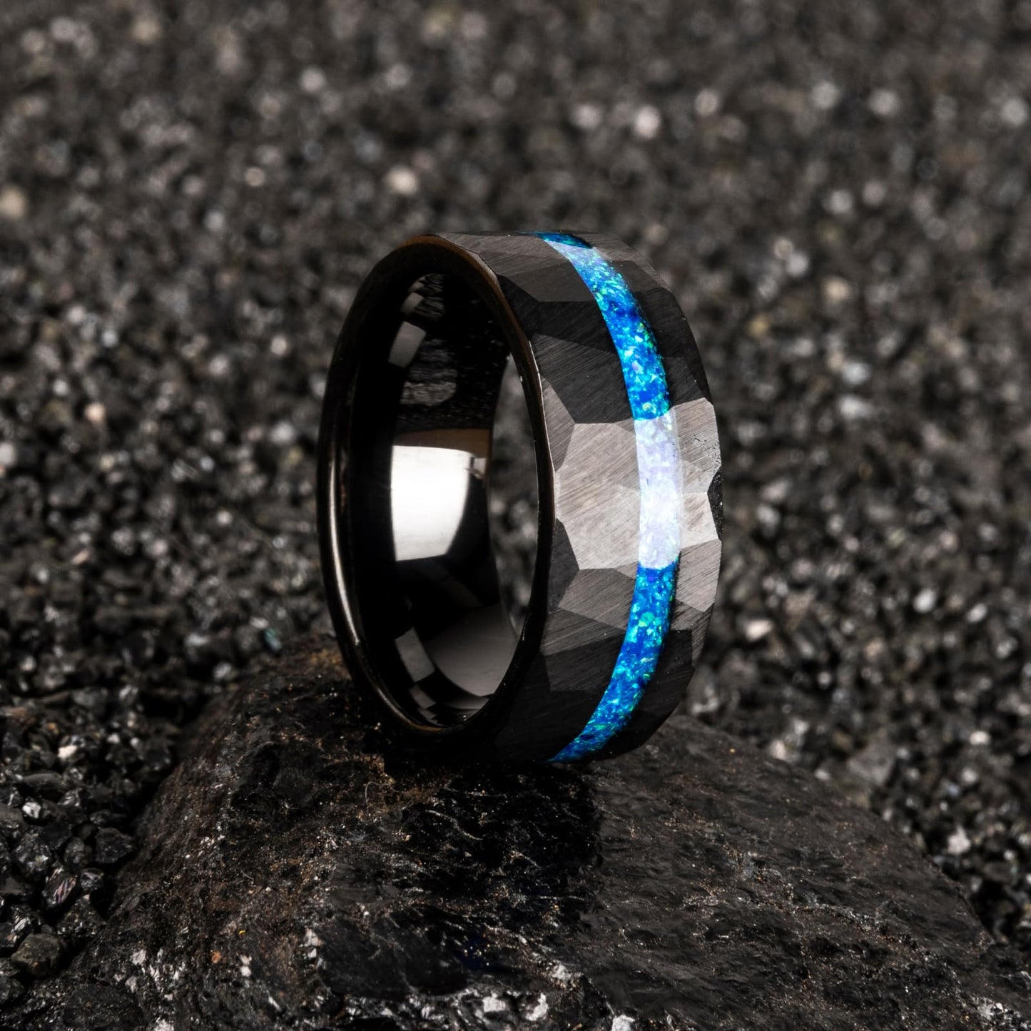 JEWPER 8mm Men Womens Wedding Band Tungsten Rings Black Blue Hammer pattern Fashion Promise Carbide Inlaid Opal Matte Finish Edge Comfort Fit Size(7)