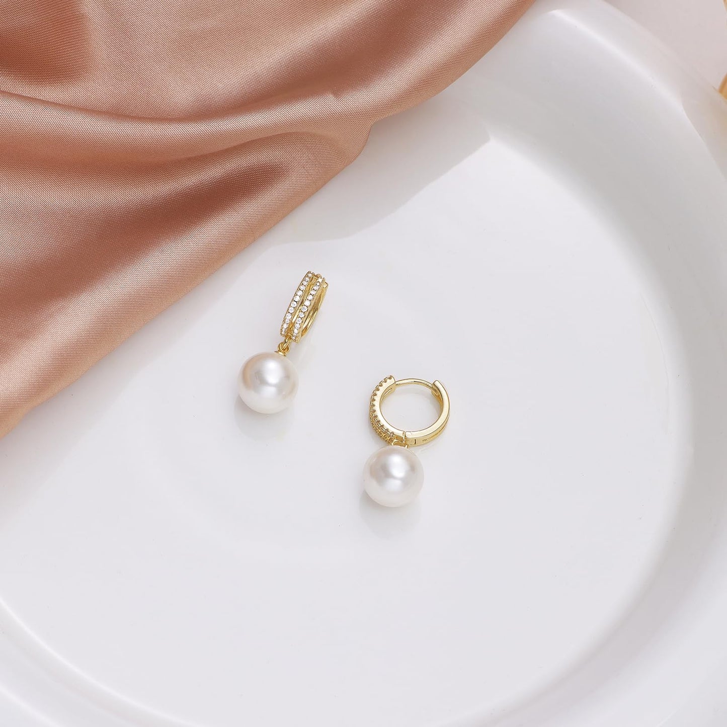 Pearl Earrings for Women 14K Gold Plated Hypoallergenic Pearl Earrings 5A Cubic Zirconia Dangle Earrings Elegant Jewelry (4-Gold)