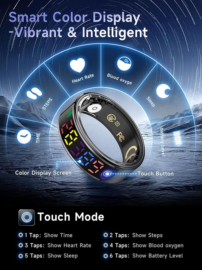 Smart Ring for Women Men, Health Ring with Colorful Display, Fitness Tracker with Heart Rate, Blood Oxygen, Sleep Monitor, No Subscription Fee, 5ATM Waterproof for iPhone & Android (Silver, 9)