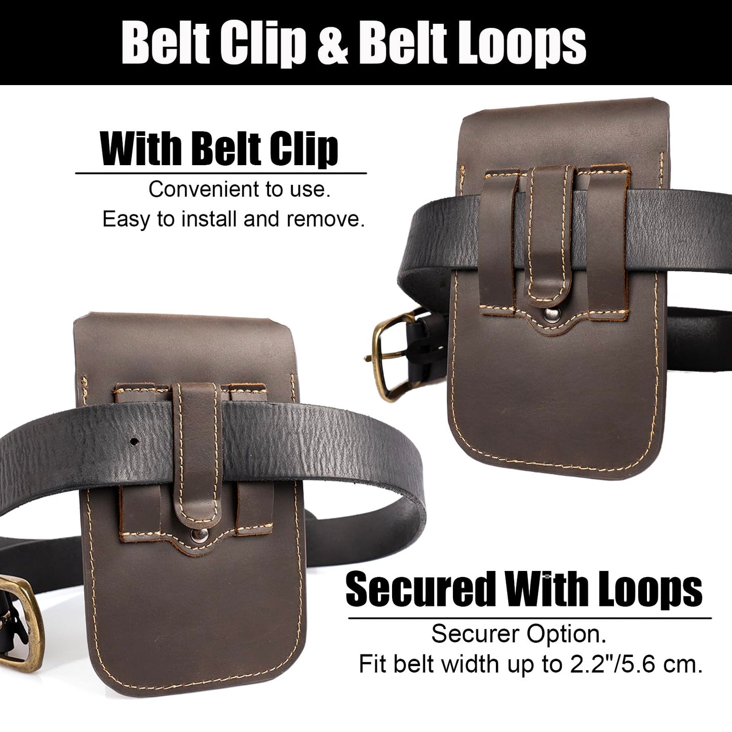 Topstache Leather Phone Holster for iPhone 17/16/15/14/13/12 - Leather Pouch with Belt Clip Phone Holster Belt Case for Galaxy S25/S24/S23/S22 - Universal Smartphone Sheath, L,Darkbrown