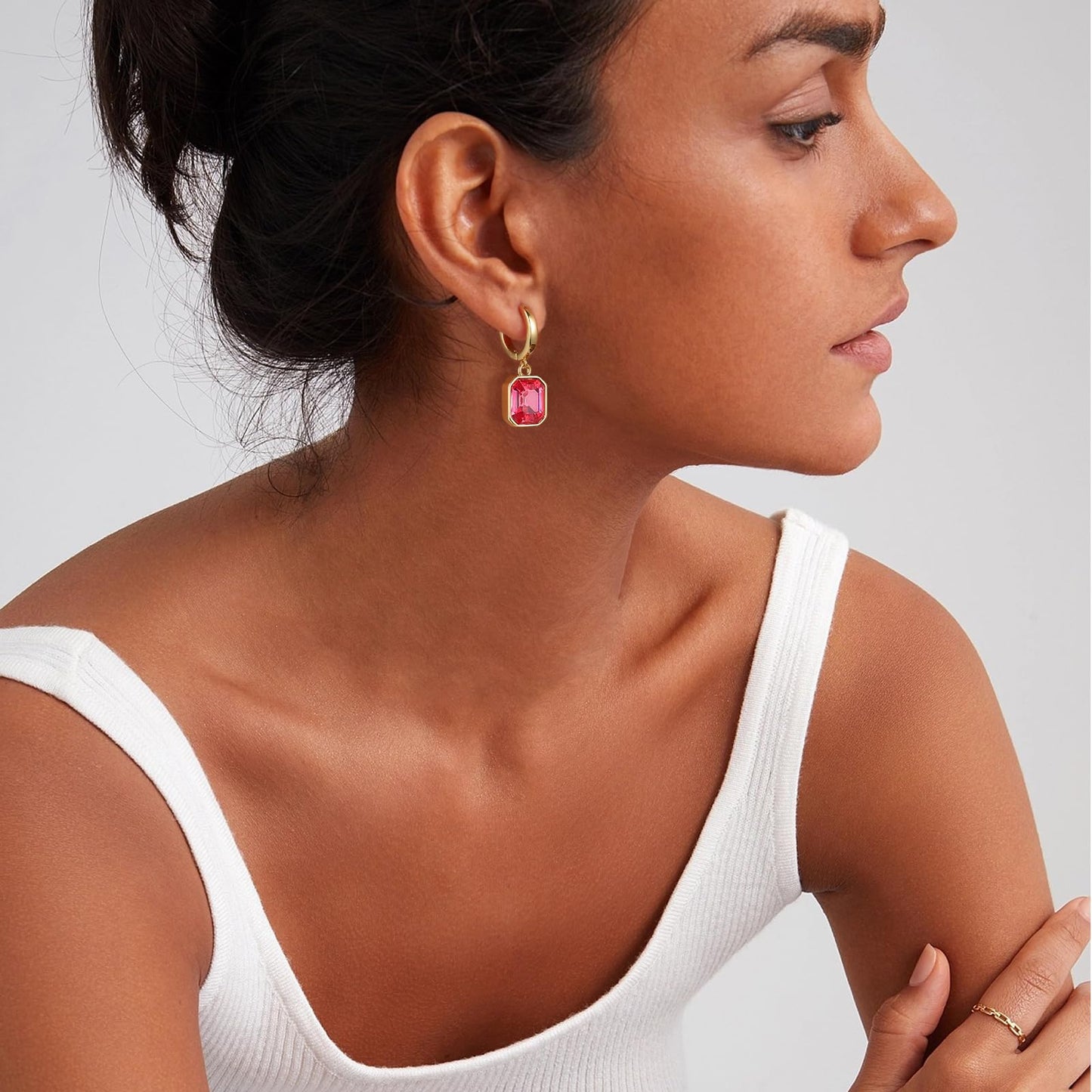 Birthstone Crystal Dangle Drop Earrings, 18K Gold Plated Huggie Hoop Hypoallergenic Earring Jewelry Gifts for Women (Hot Pink)