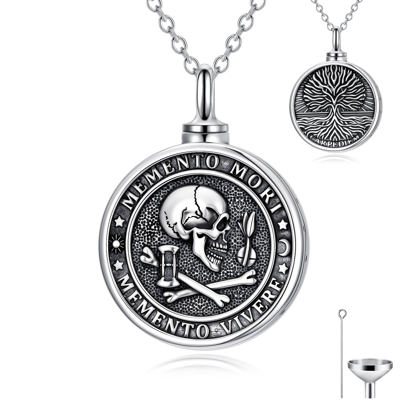 POIUY Memento Mori Silver Urn Necklace for Ashes Gothic Skull Cremation Pendant Tree of Life Memorial Keepsake Jewelry Stoicism Mori Gift for Men Women 22+2 Inch Chain