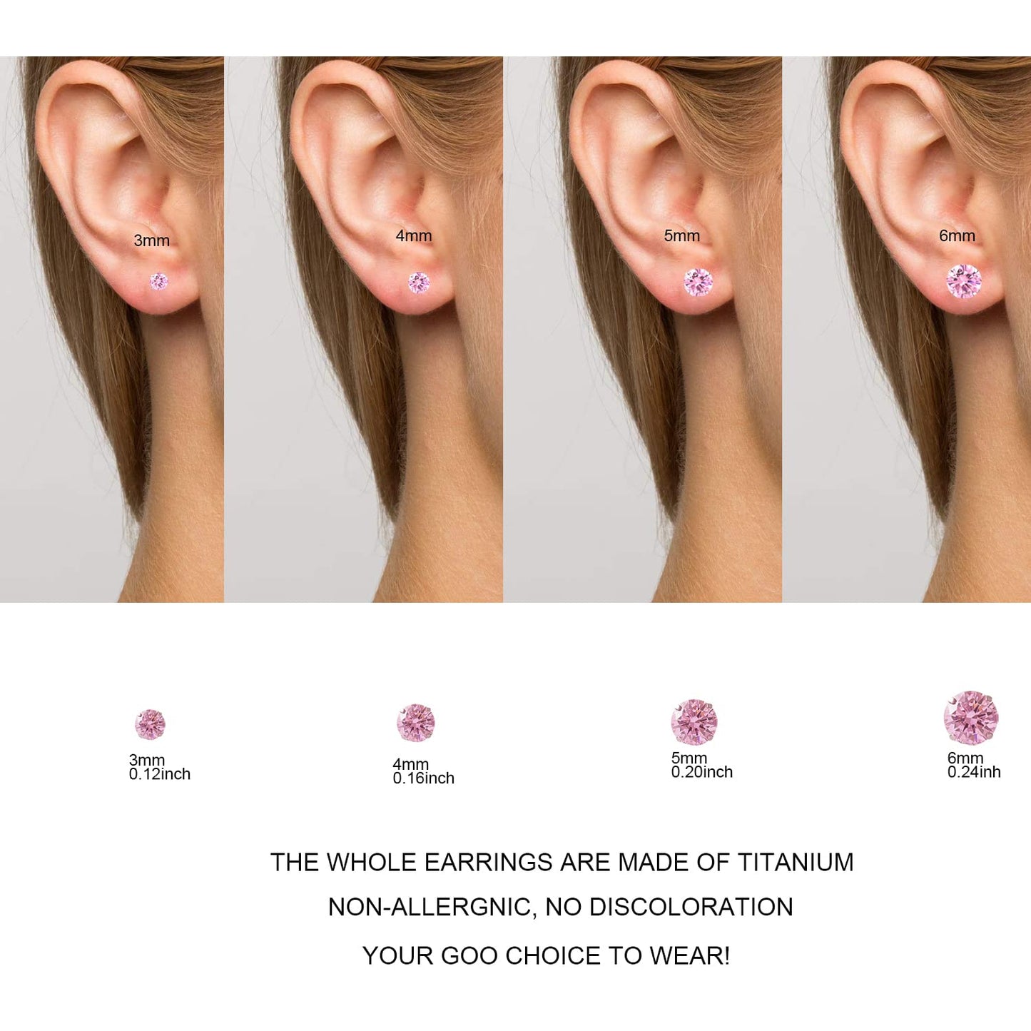 1 Pair Implant Grade Titanium Stud Earrings Set Hypoallergenic 3mm 4mm 5mm 6mm Cubic Zirconia G23 Titanium Earring Studs for Women Men for Sensitive Ear (4mm pink)