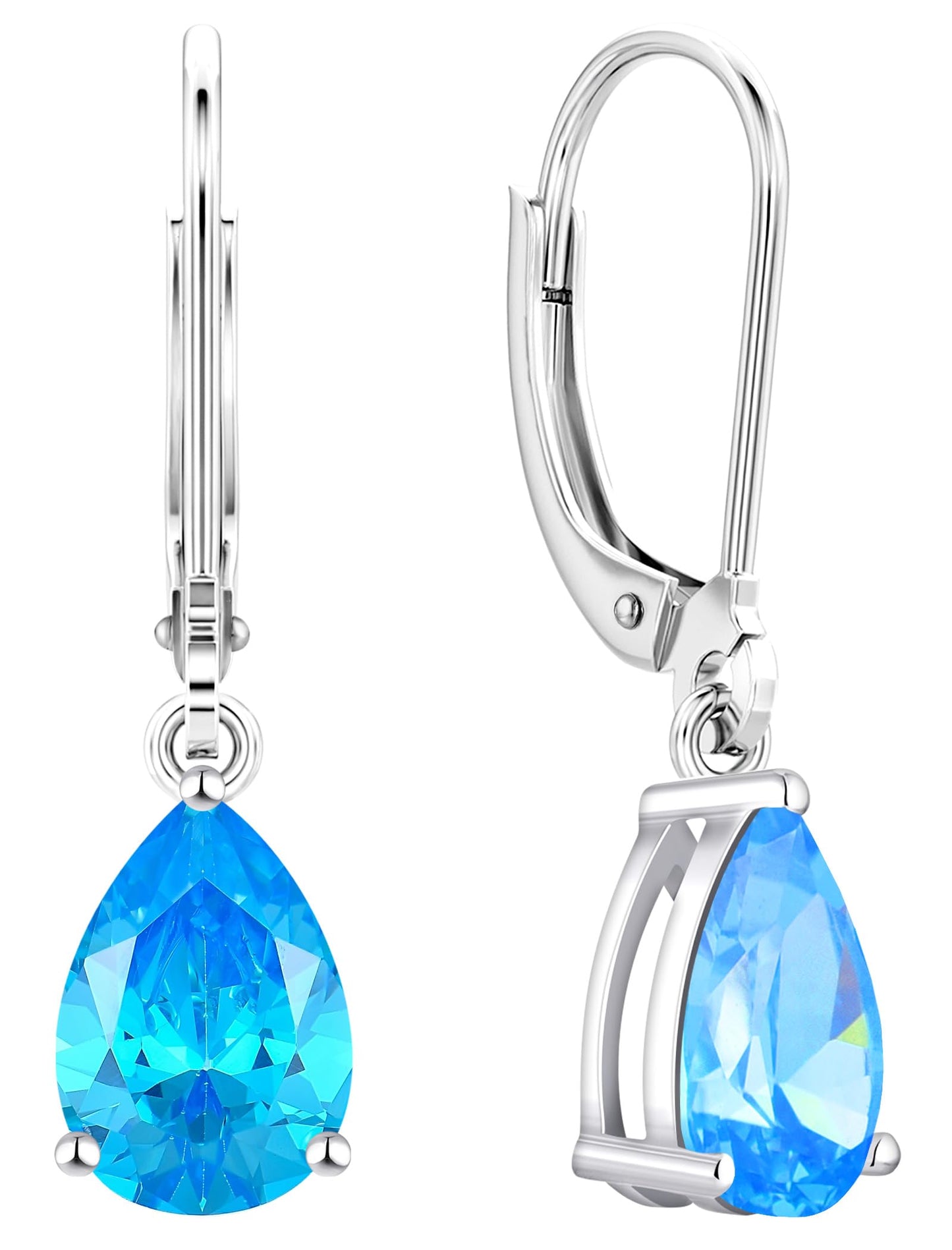 YL 925 Sterling Silver Teardrop Dangle Drop Earrings for Women 7x10 MM Solitaire Created Aquamarine Leverback Jewelry