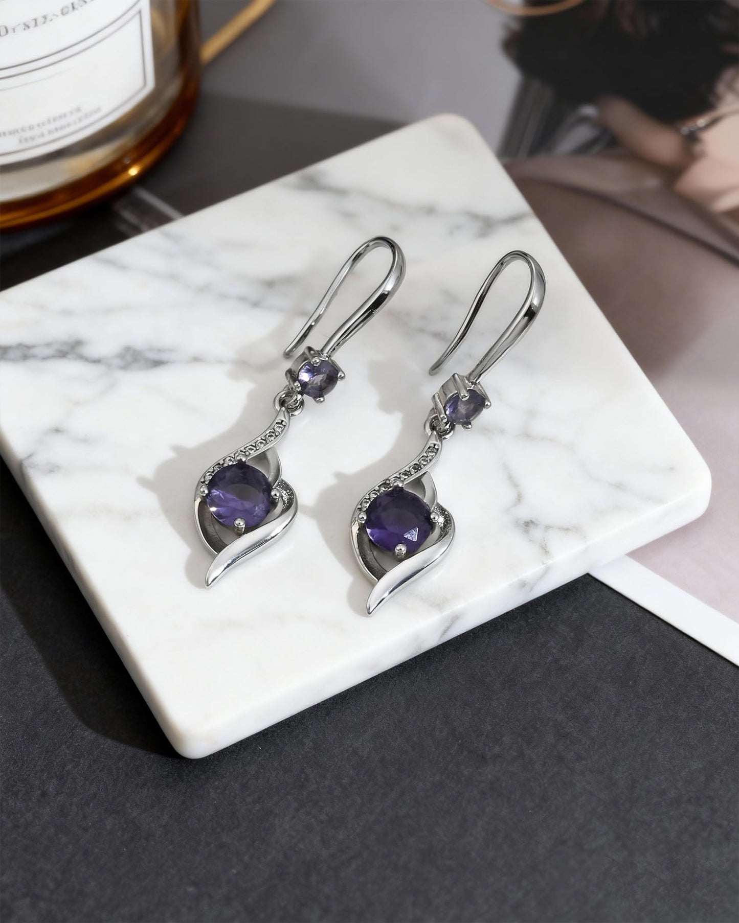 Elaximn Heart Amethyst Drop Dangle Earrings-925 Sterling Silver with Purple Crystals-Long Birthstone Jewellery for Women