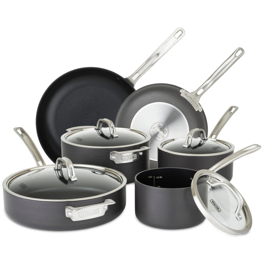 Viking Pots and Pans Set Non Stick, 10 Piece Hard Anodized Kitchen Cookware with Glass Lids, Black