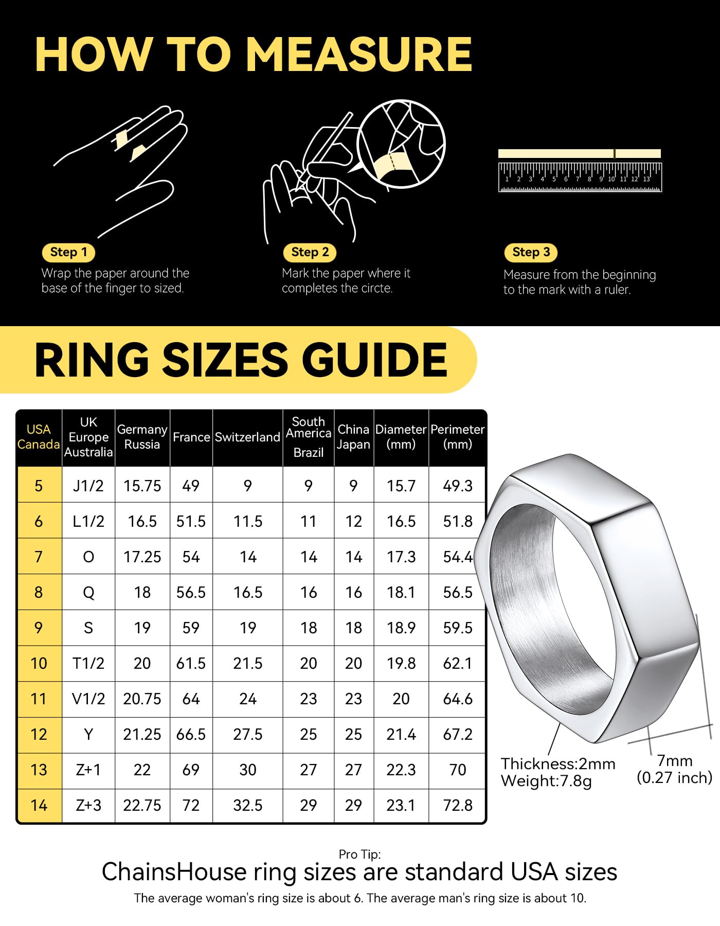 ChainsHouse Men's Punk Stainless Steel Gothic Screw Edge Hexagon Geometric Biker Ring Bands, Size 7