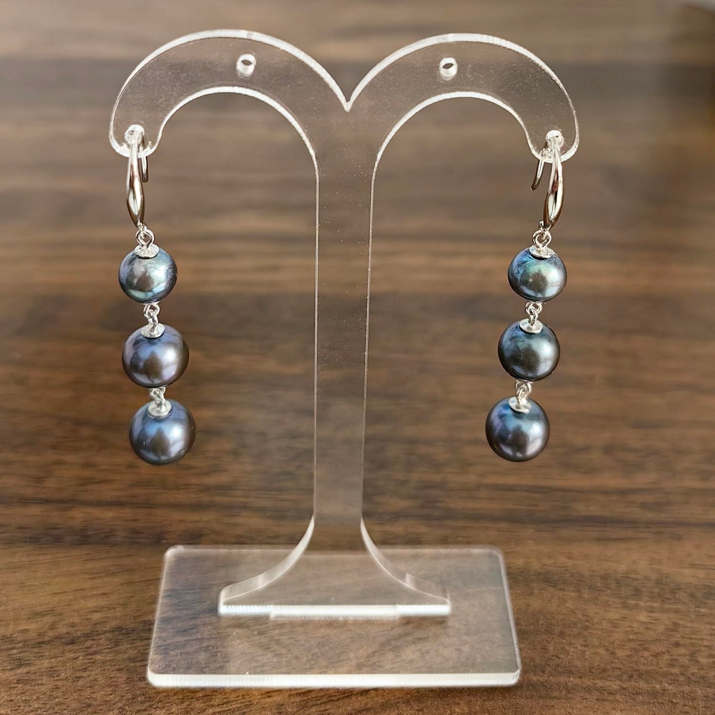 Alevel Long Tassel 925 Sterling Silver Ear Hook, Natural Freshwater Cultured Pearl Earrings, 7-9mm Round Dyed Black Pearls