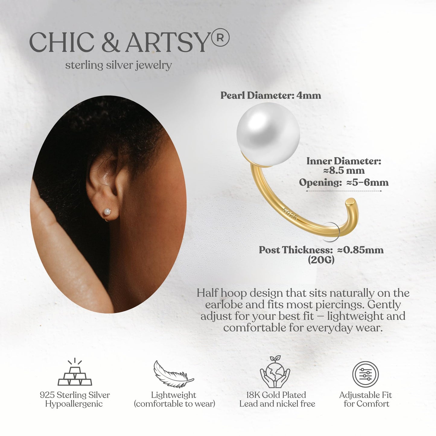 CHIC & ARTSY Backless Earrings for Women 18K Yellow Gold Plated 925 Sterling Silver Half Huggie Hoop Earrings White Simulated Shell Pearl No Back Earrings Stay Close Hoop Earrings