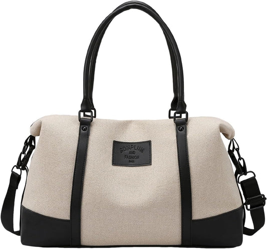 Travel Duffle Bag for Women, Canvas Carry On Weekender Overnight Bags with Wet Pocket, Gym Tote Bag for Business Trip Sports (Beige Black)