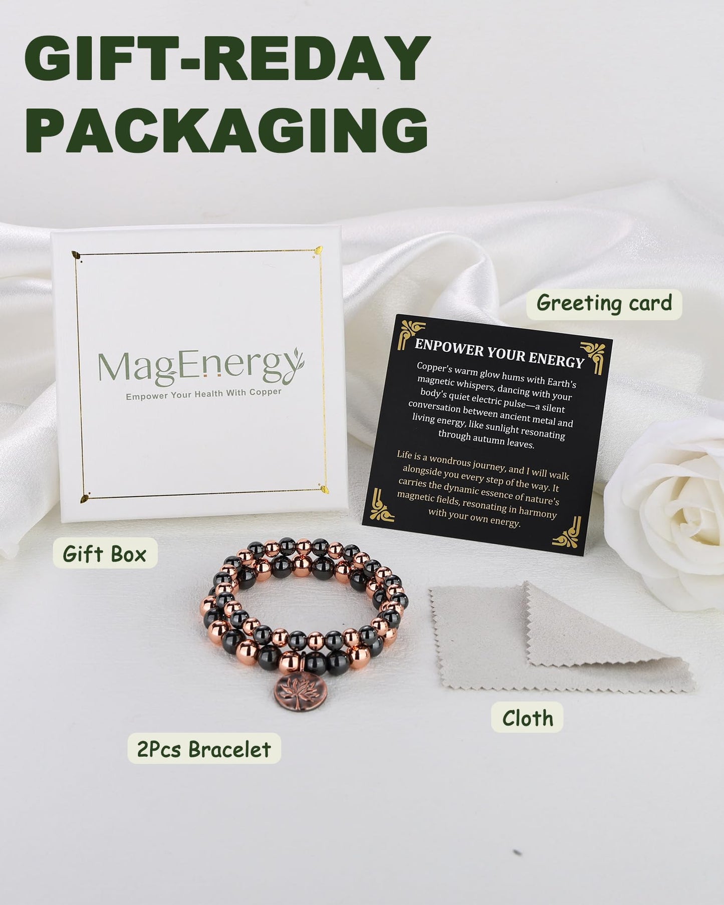 MagEnergy 2Pcs Copper Bracelet for Women & Men, 3800 Gauss Magnetic Bracelet, Lotus Copper Hematite Jewelry Gifts, Stretch Hematite Bead Braclets Pulseras Para Mujer