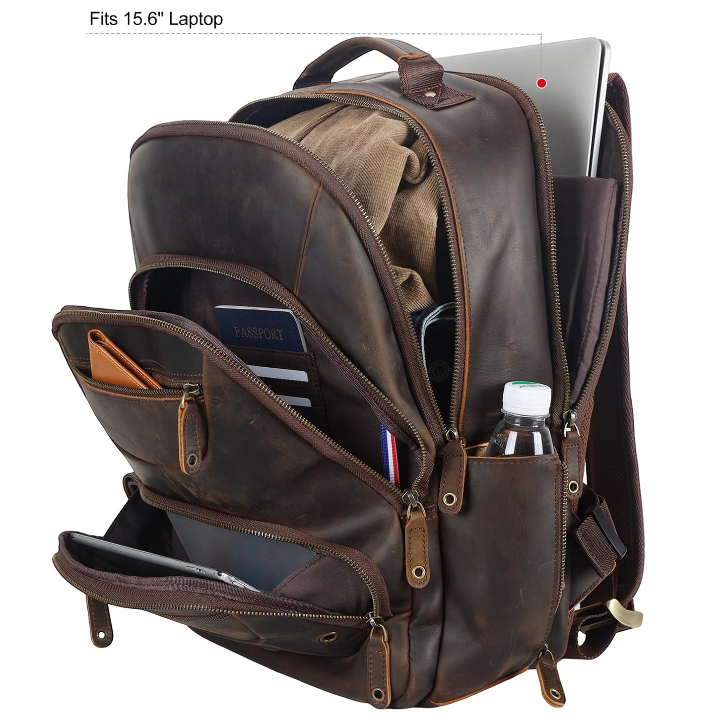 TIDING Leather Laptop Travel Backpack for Men Fits 15.6" 16" Computer, Large Business Work Bag Vintage Overnight Weekender Daypack Camping Rucksack