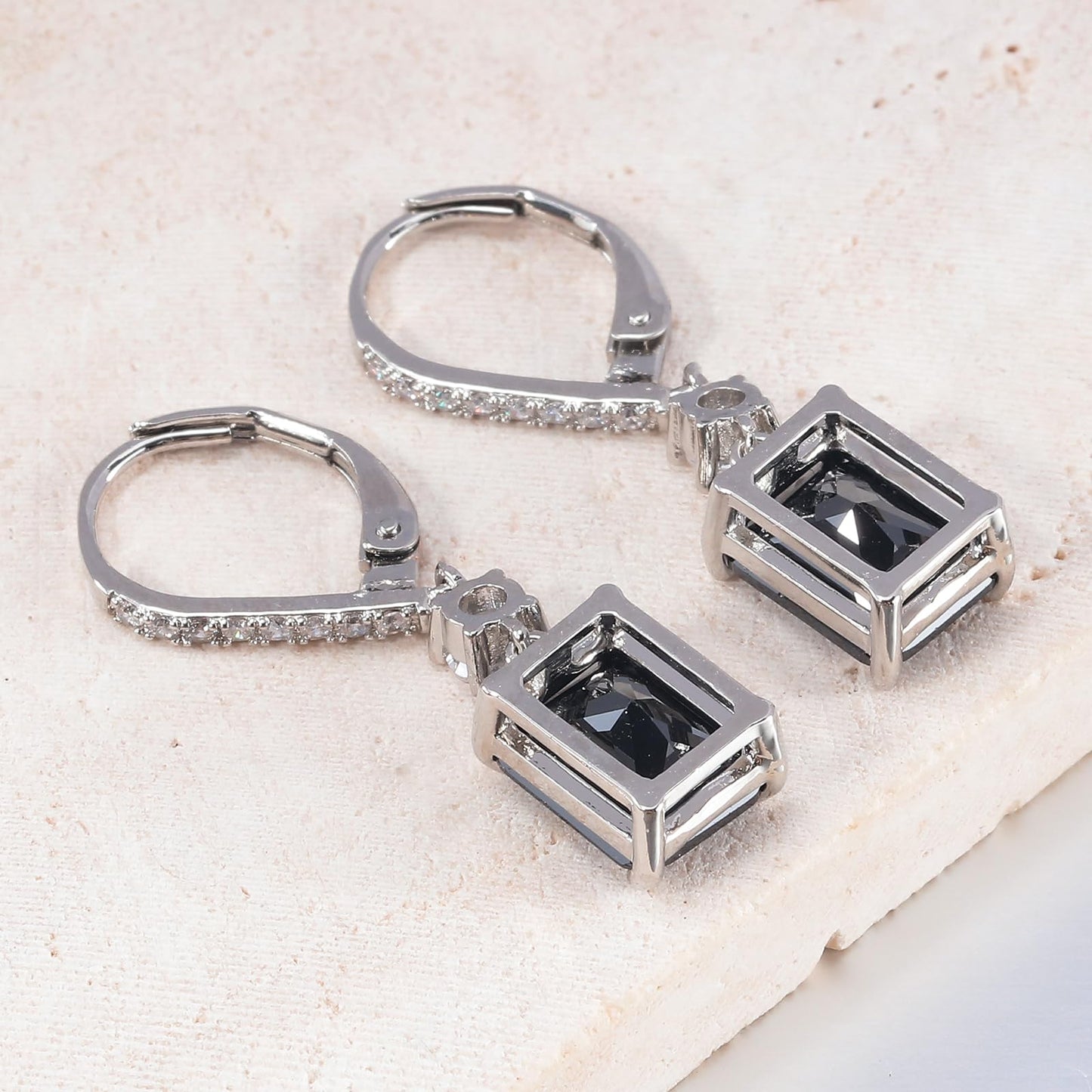 CiNily Leverback Earrings for Women Rectangular-cut Drop Dangle Earrings Hypoallergenic, 14K White Gold Plated Black Cubic Zircon Earrings Diamond Dangle Earrings Jewelry for Sensitive Ear
