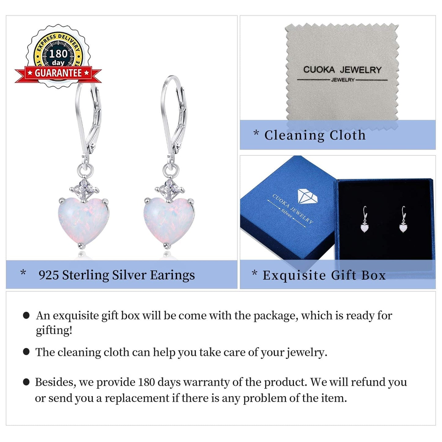 Opal Jewelry, Heart Shape Leverback Drop Dangly Earrings, 925 Sterling Silver Hypoallegenic for Sensitive Ears, Mother's Day for Women Girlfriend with Gift Box