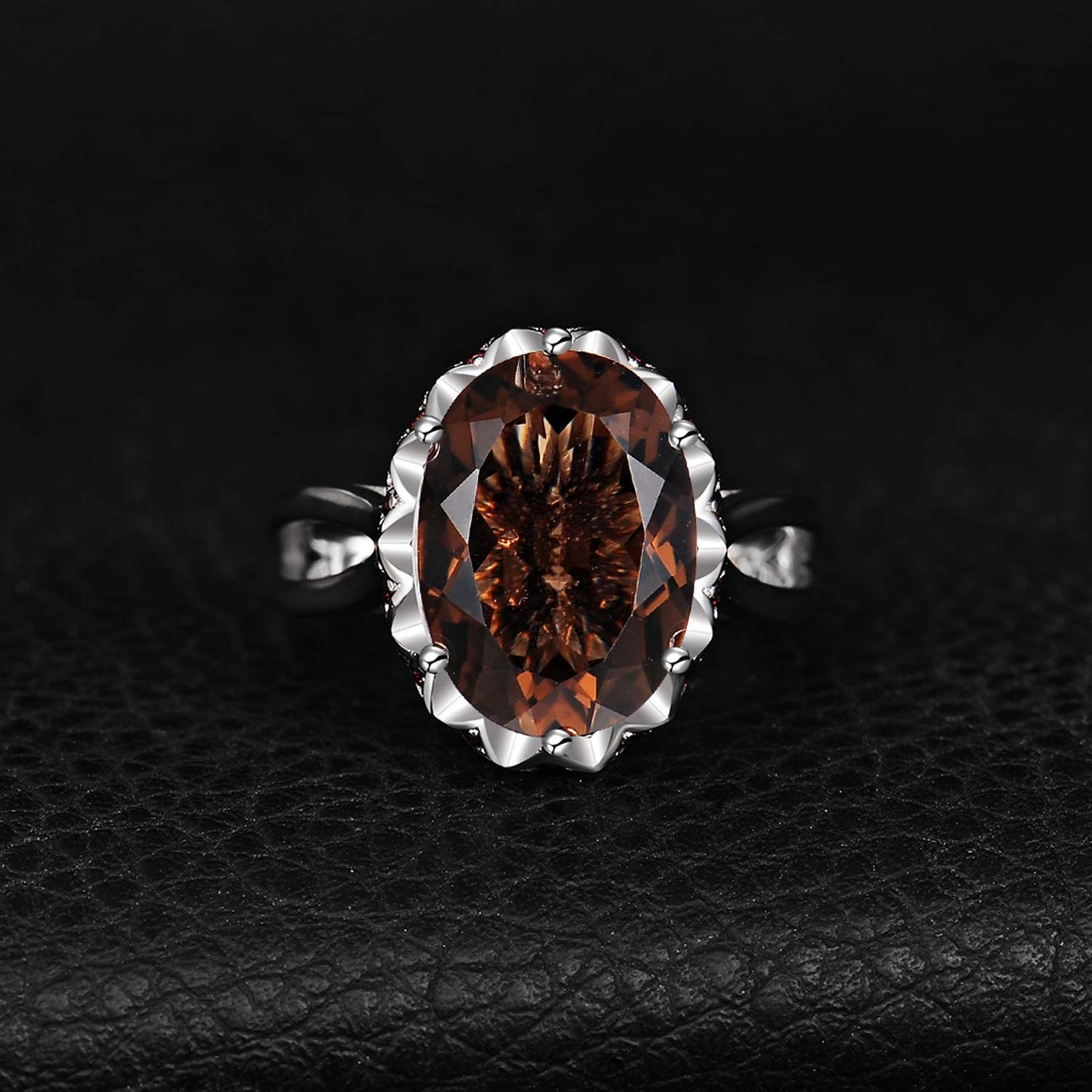 JewelryPalace Huge Oval Shape 5.7ct Genuine Smoky Quartz Cocktail Rings for Her, 14K White Gold Plated 925 Sterling Silver Ring for Women, Natural Gemstone Jewelry Sets Rings 9