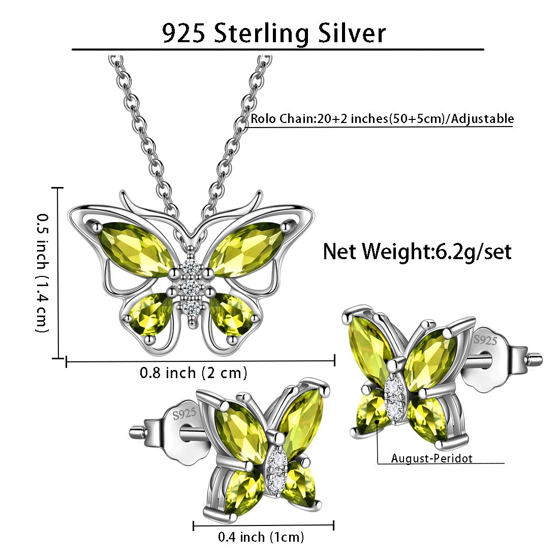 Hipunk Butterfly Green Jewelry Sets Birthstone Women 925 Sterling Silver August-Peridot Birth Stone Animal Butterflies Jewelry Sets/Earring Set Crystal Birthday Jewelry SS0001A