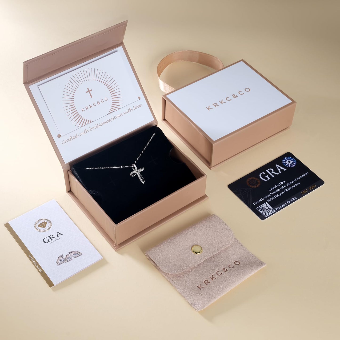 KRKC&CO Moissanite Cross Necklace for Women: D Color VVS1 0,18ct, 925 Vermeil Sterling Silver, Hypoallergenic Petite Pendant, Luxury Gifts for Birthday Anniversary Wedding, Gift Box with Handles