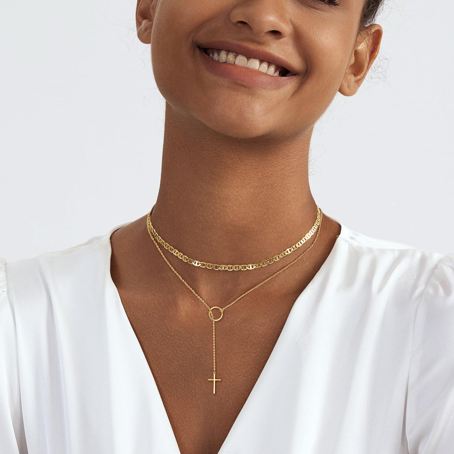 HAXIYA Gold Cross Necklace for Women 14K Gold Plated Choker Cross Pendant Long Necklaces Mariner Chain Layered Minimalist Simple Tiny God Lords Prayer Religious Jewelry