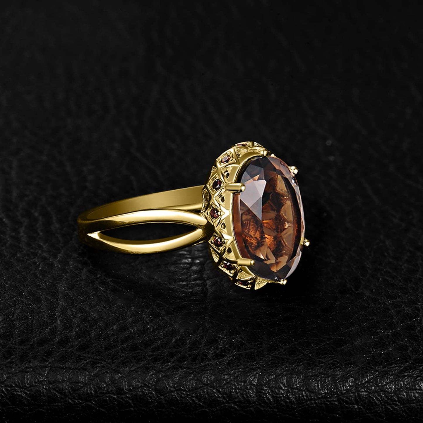 JewelryPalace Huge Oval Shape 5.7ct Genuine Smoky Quartz Cocktail Rings for Her, 14K Yellow Gold Plated 925 Sterling Silver Ring for Women, Natural Gemstone Jewelry Sets Rings 9