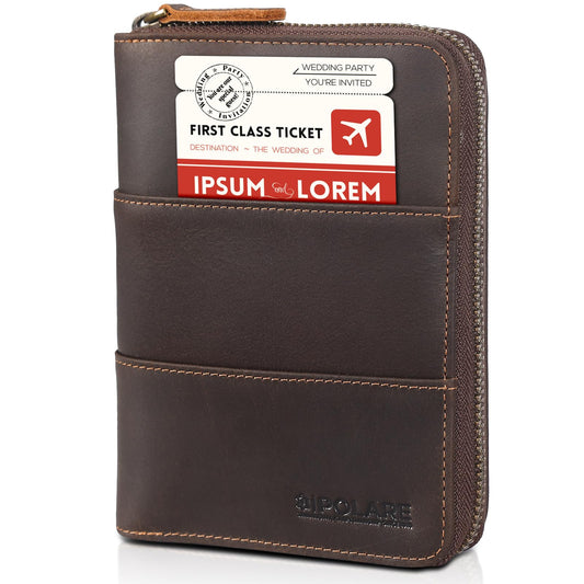Polare Full Grain Leather Travel Passport Wallet with YKK Zipper and RFID Blocking Document Organizer Holder 2 Passports (Dark Brown)