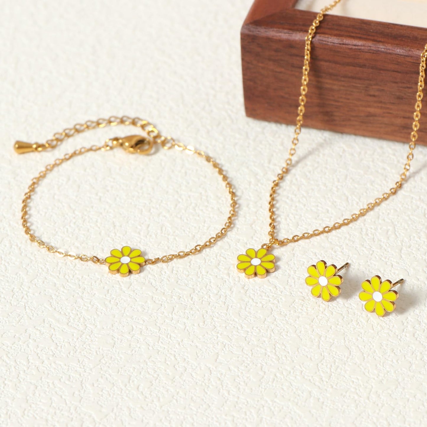 TaYolnFaSo Mini Yellow Flower Jewelry Set for Female Dainty Cute Enamel Small Floral Necklace Earrings Bracelet Set Birthday Gift for Her