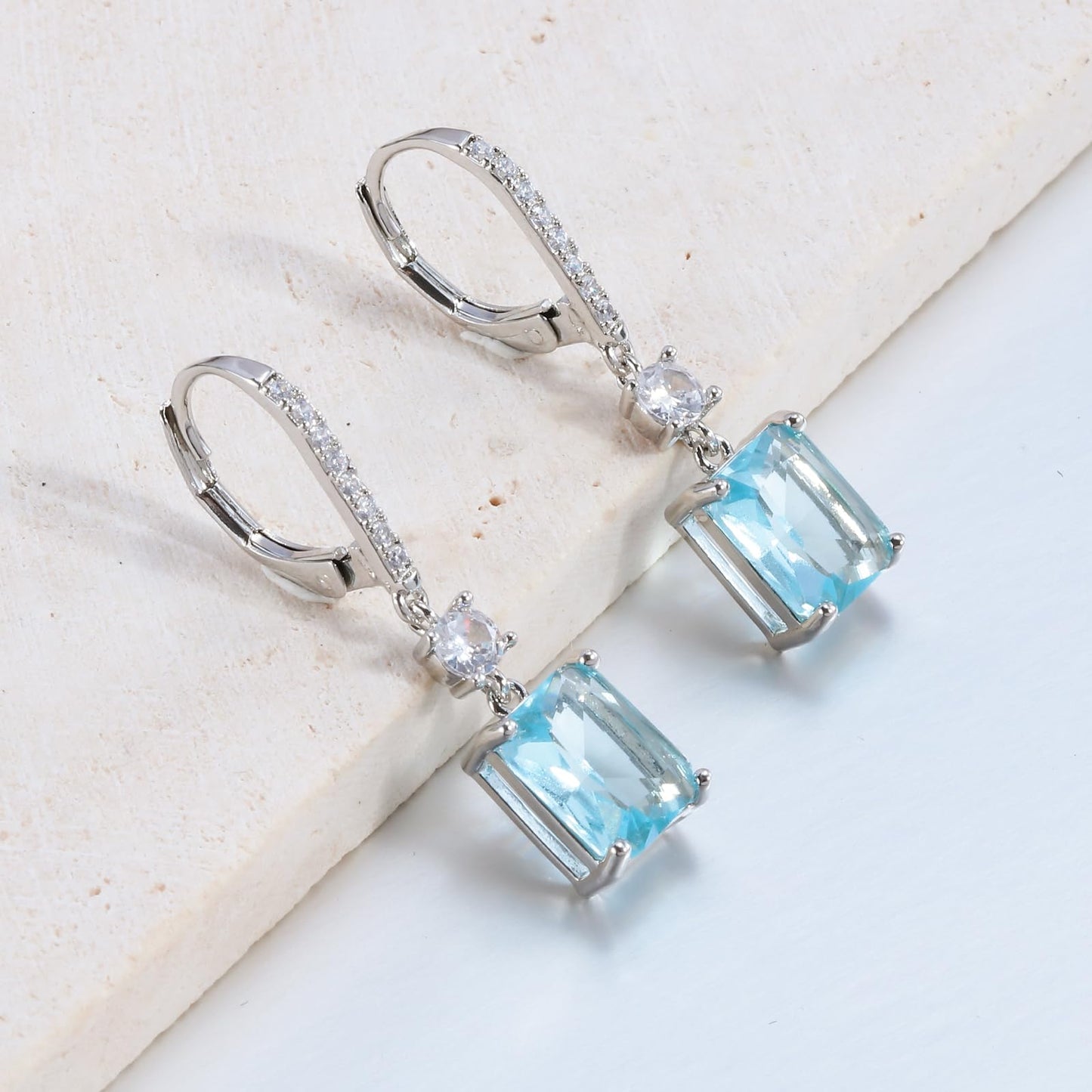 CiNily Rectangular-cut Drop Dangle Earrings Hypoallergenic, 14K White Gold Plated Light Blue Cubic Zircon Earrings Diamond Dangle Earrings Jewelry Birthday
