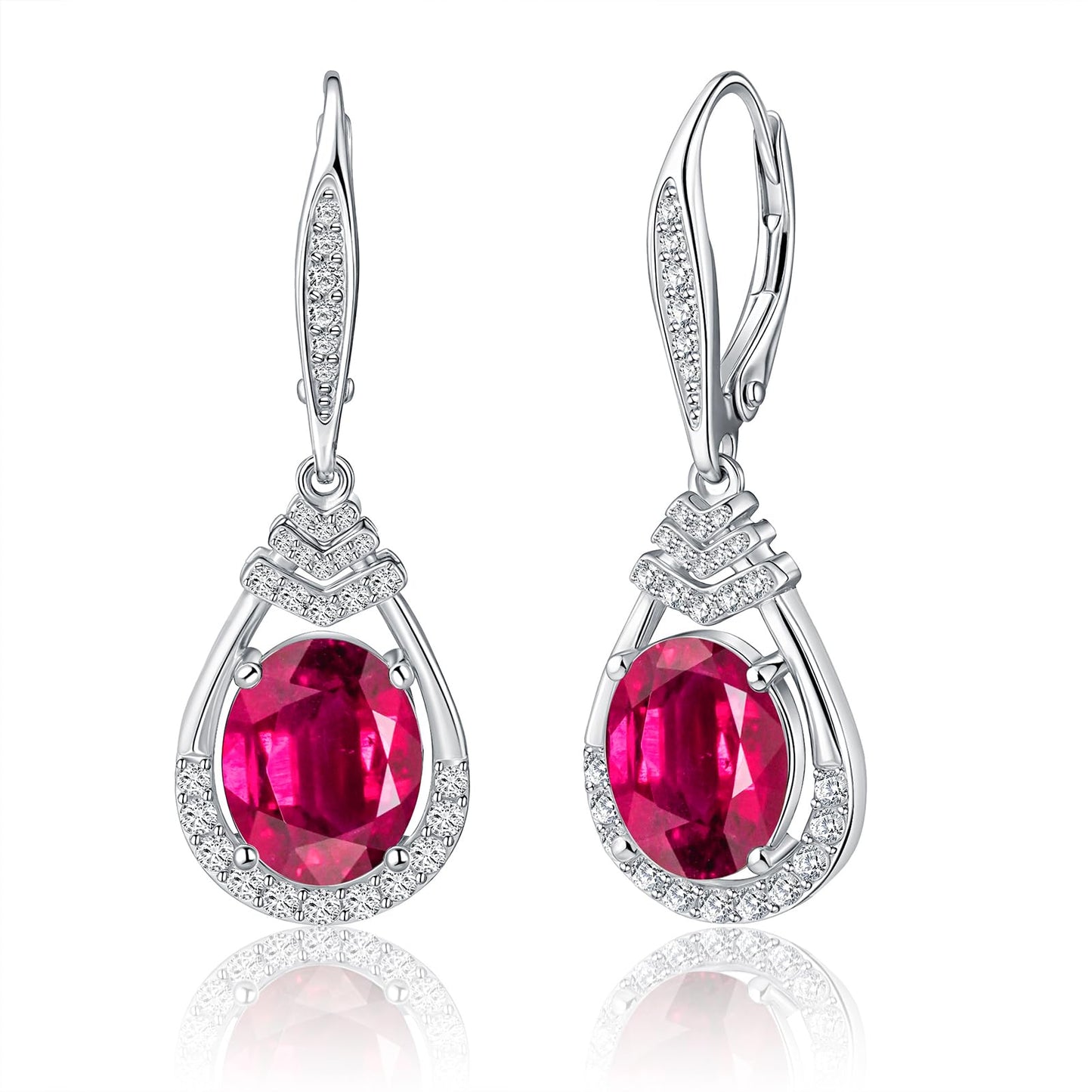 Red Ruby Dangle Earrings July Birthstone Sterling Silver Teardrop Leverback Drop Earring for Women Wedding Jewelry for the Bride Oval Cut CZ Earrings Anniversary Birthday Gifts for Wife Mom