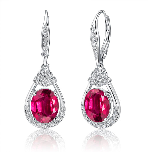 Red Ruby Dangle Earrings July Birthstone Sterling Silver Teardrop Leverback Drop Earring for Women Wedding Jewelry for the Bride Oval Cut CZ Earrings Anniversary Birthday Gifts for Wife Mom