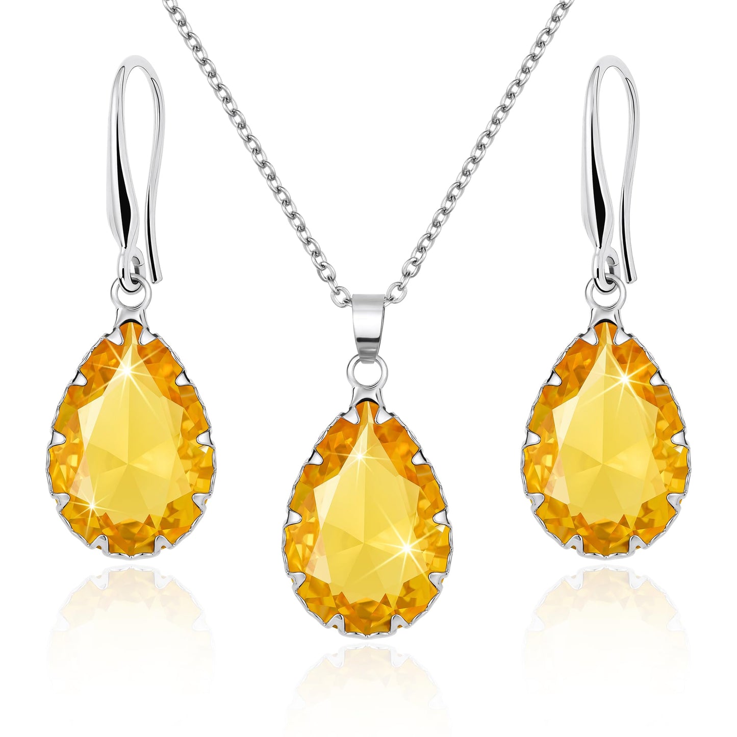Linawe Yellow Jewelry Sets for Women, Silver Tear Drop Earring Set, Citrine Crystal Birthstone Imitation Diamond Pendant Necklace, Cubic Zirconia Rhinestone Costume Jewelry Set