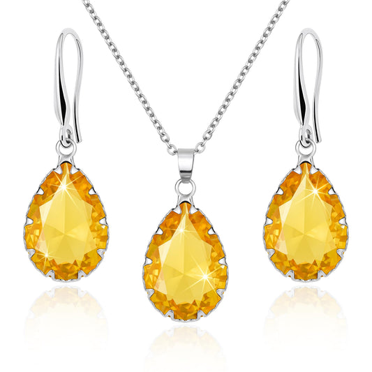 Linawe Yellow Jewelry Sets for Women, Silver Tear Drop Earring Set, Citrine Crystal Birthstone Imitation Diamond Pendant Necklace, Cubic Zirconia Rhinestone Costume Jewelry Set