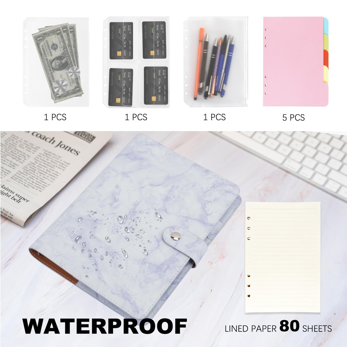FYY A5 Binder Refillable Planner Notebook 6 Ring PU Leather Binder Journal with Pockets, Dividers, Refill Paper Marble Blue