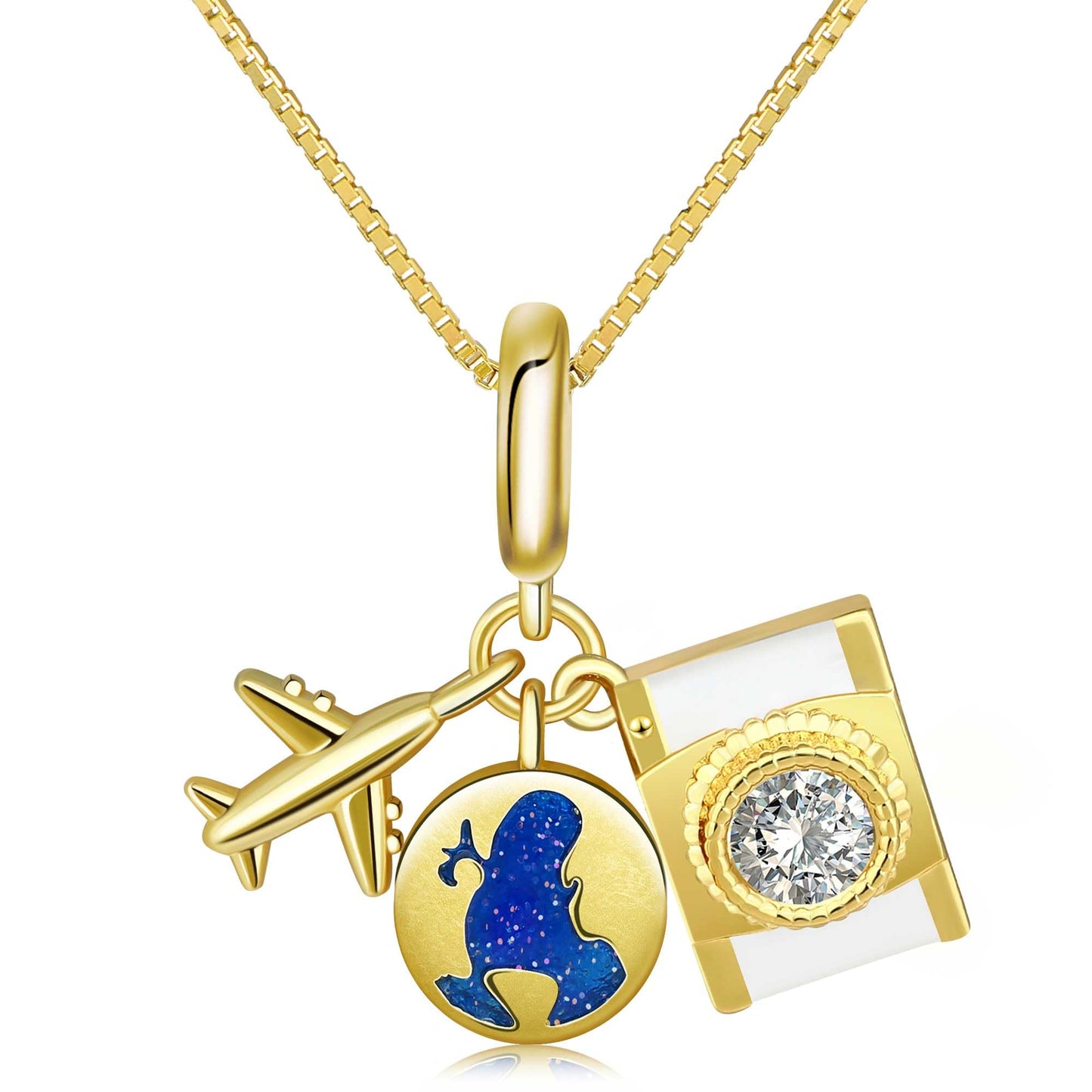 MISS RIGHT Charm Necklace for Women 18K Gold Plated World Travel Pendant Camera Airplane Earth Charms Necklace, Travel Jewelry Gifts for Women CAMERA