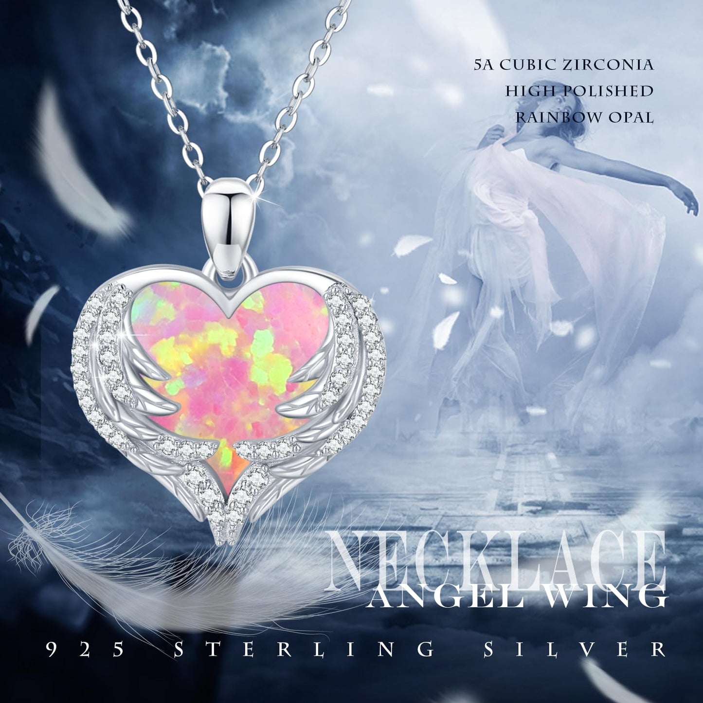 CUOKA MIRACLE Angel Wing Necklace Pink Opal Heart 925 Sterling Silver Pendant for Women Guardian Angel Wings Pendant Necklace Dainty Opal Jewelry for Women Mom Birthday Gifts