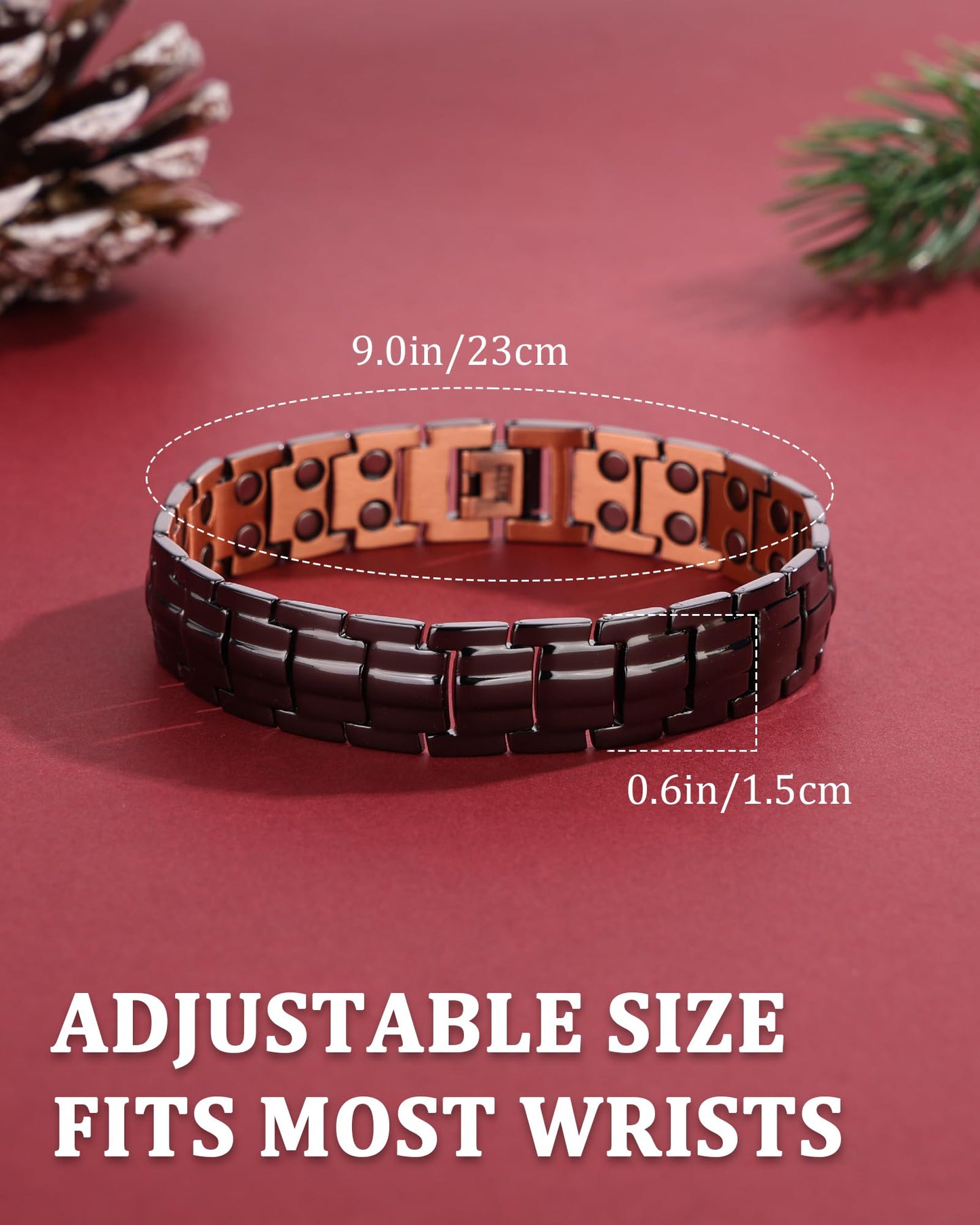 MagEnergy Mens Copper Magnetic Bracelets, Christmas Gifts Box, 99.9% Pure Copper Bracelet with Double-Row Strength Magnets, Adjustable Jewelry with Sizing Tool