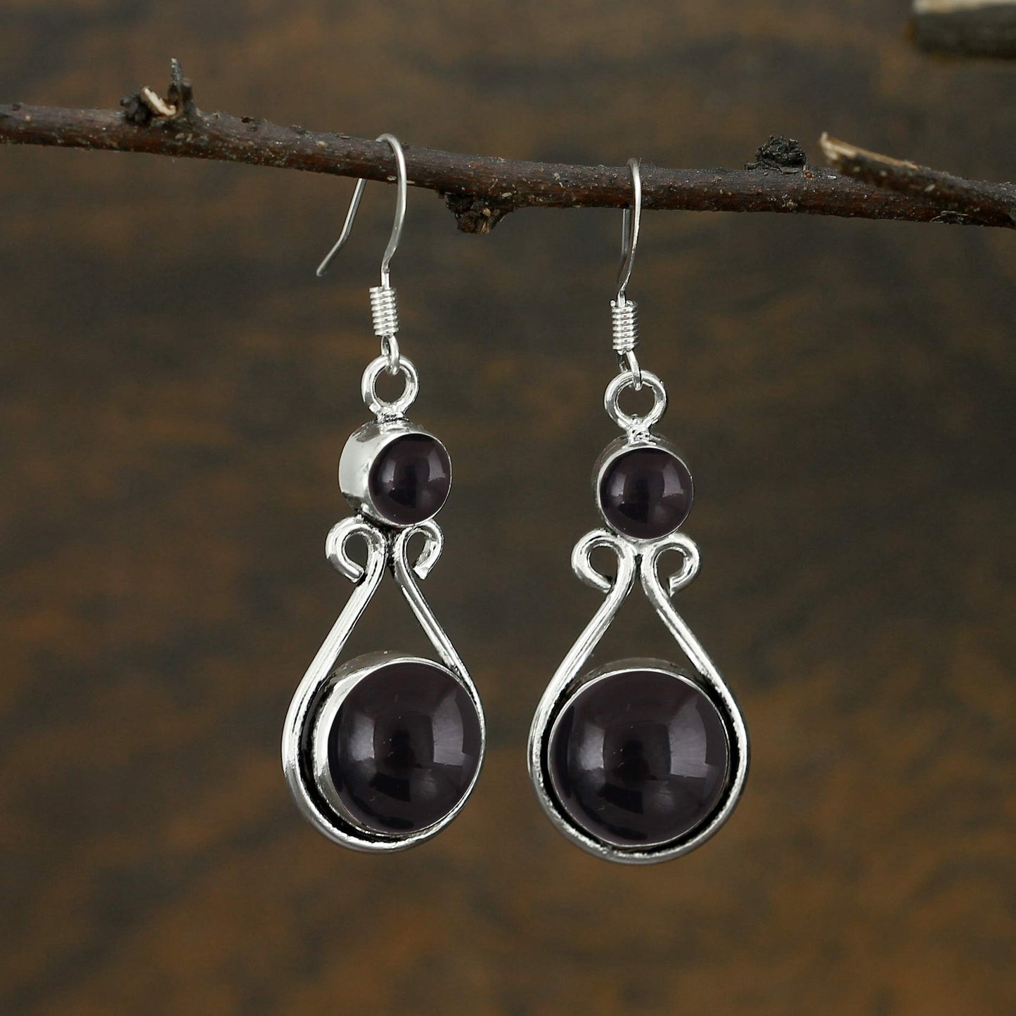 Natural Black Onyx Silver Plated Dangle Earrings for Women - July Birthstone Round Gemstones Drop Earrings Handmade Jewelry - Birthday Gift for Best Friend