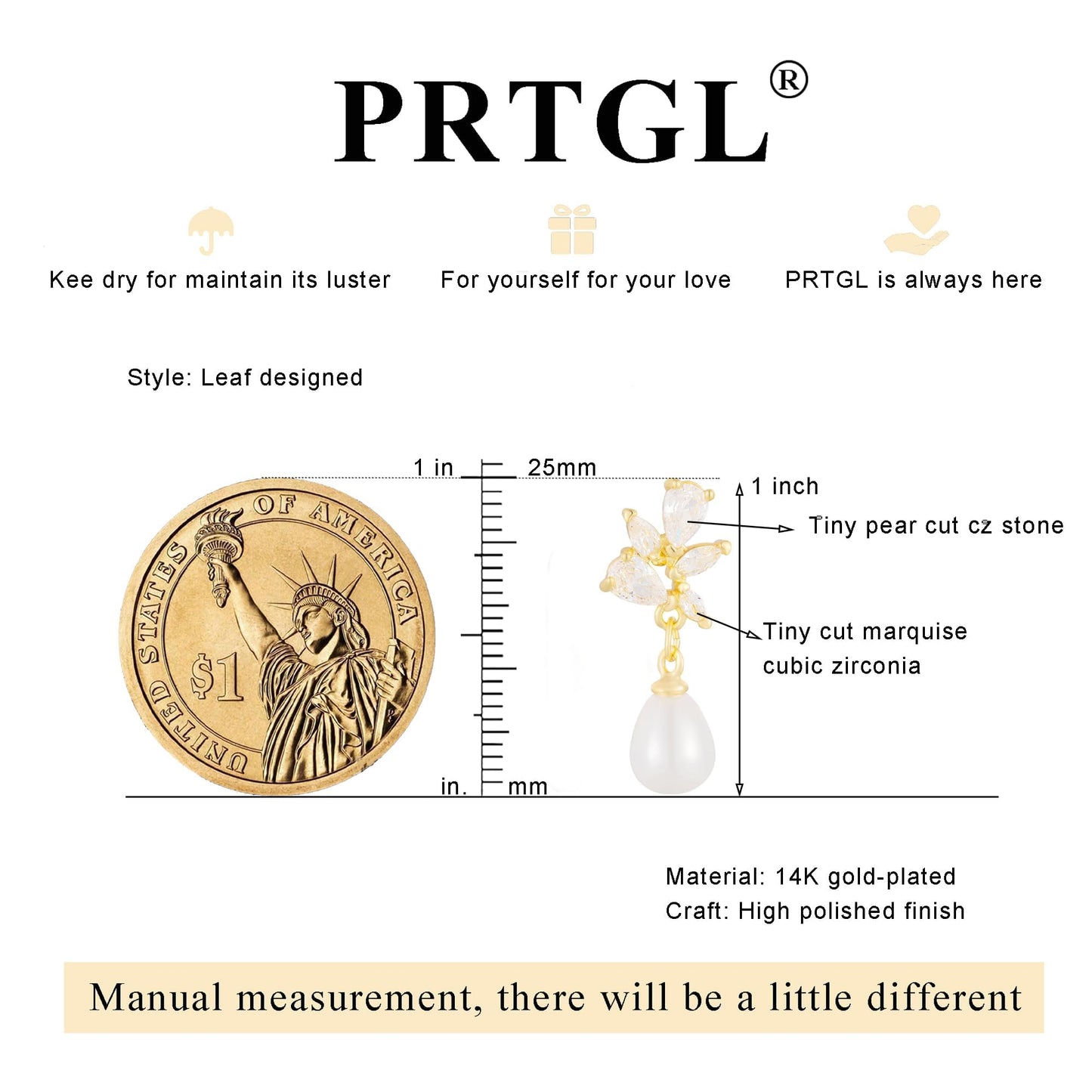 PRTGL Pearl Earrings: 14k Gold-plated Cubic Zirconia Accented Teardrop Pearl Drop Wedding Engagement Earrings For Women Bridal Bridesmaid (Leaf Designed)