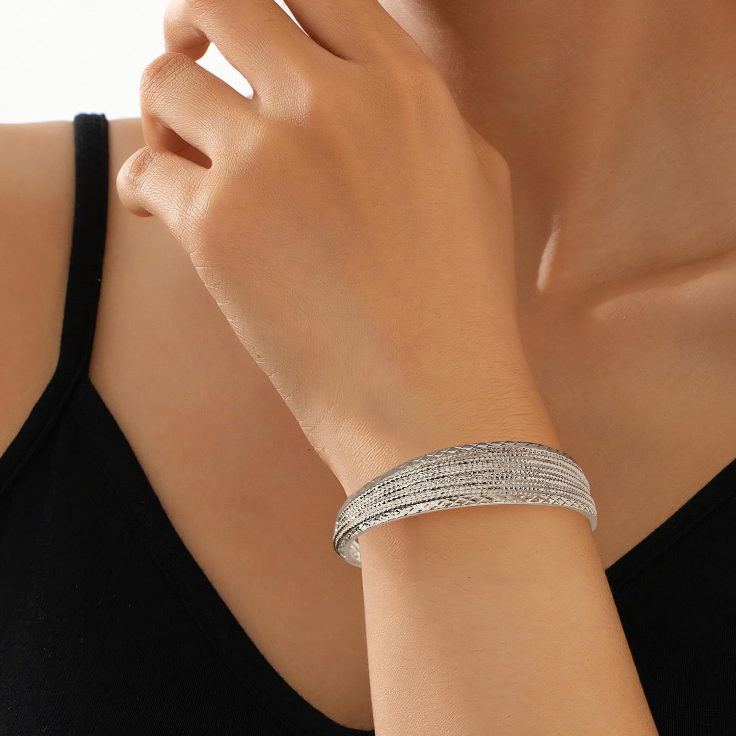 Shiny Wide Cuff Bracelets for Women 925 Sterling Silver Open Adjustable Bangles Handmade Multi-line Stack Bracelet Minimalist Silver Cuff Bracelet Teen Girls Fashion Women Jewelry gift for Lover wife