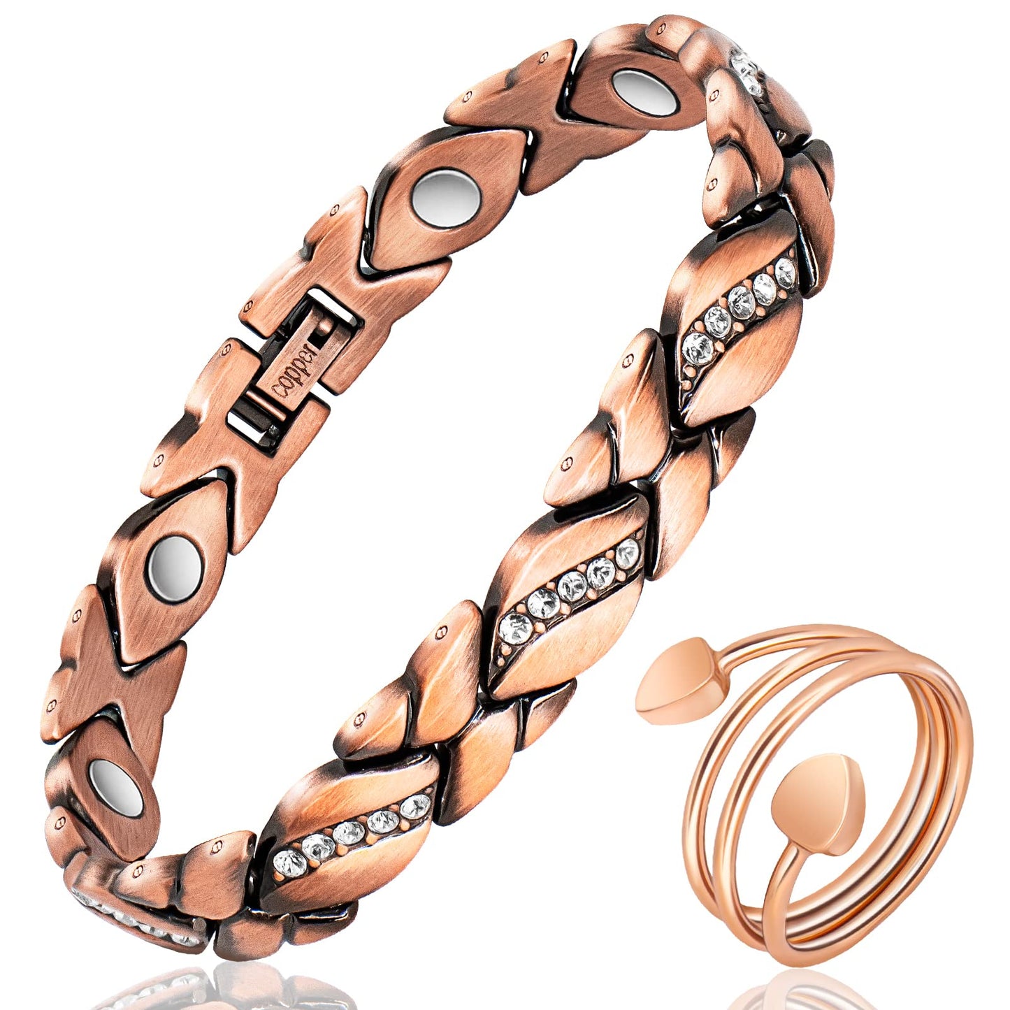 Copper Bracelets for Women, Magnetic Bracelets for Women & Heart-Shaped Lymphatic Drainage Ring with 3500 Gauss Magnet Classic Crystal Design Jewelry Gift