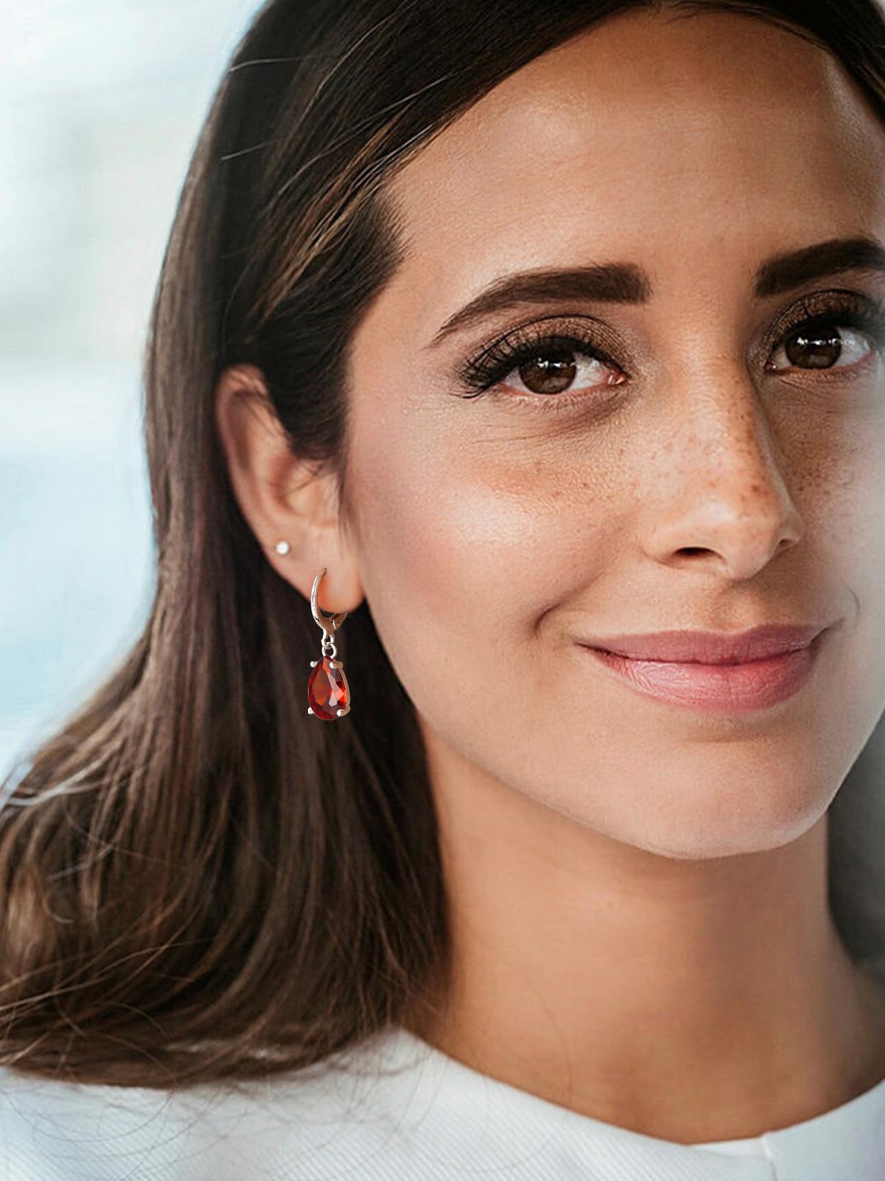 Bestyle Sterling Silver Teardrop July Birthstone Earrings Dangle - Sparkle Ruby Red Drop Earrings for Women Dangling -Small Silver Huggie Hoop Earrings For Women | Trendy CZ Huggie Earrings
