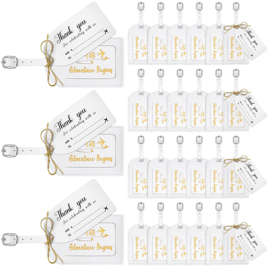 Sweetude 48 Sets Leather Luggage Tag Bulk and So The Adventure Begins Luggage Tags with Name Card for Wedding Bridal Shower Bachelorette Honeymoon Travel Graduation Gifts(White)