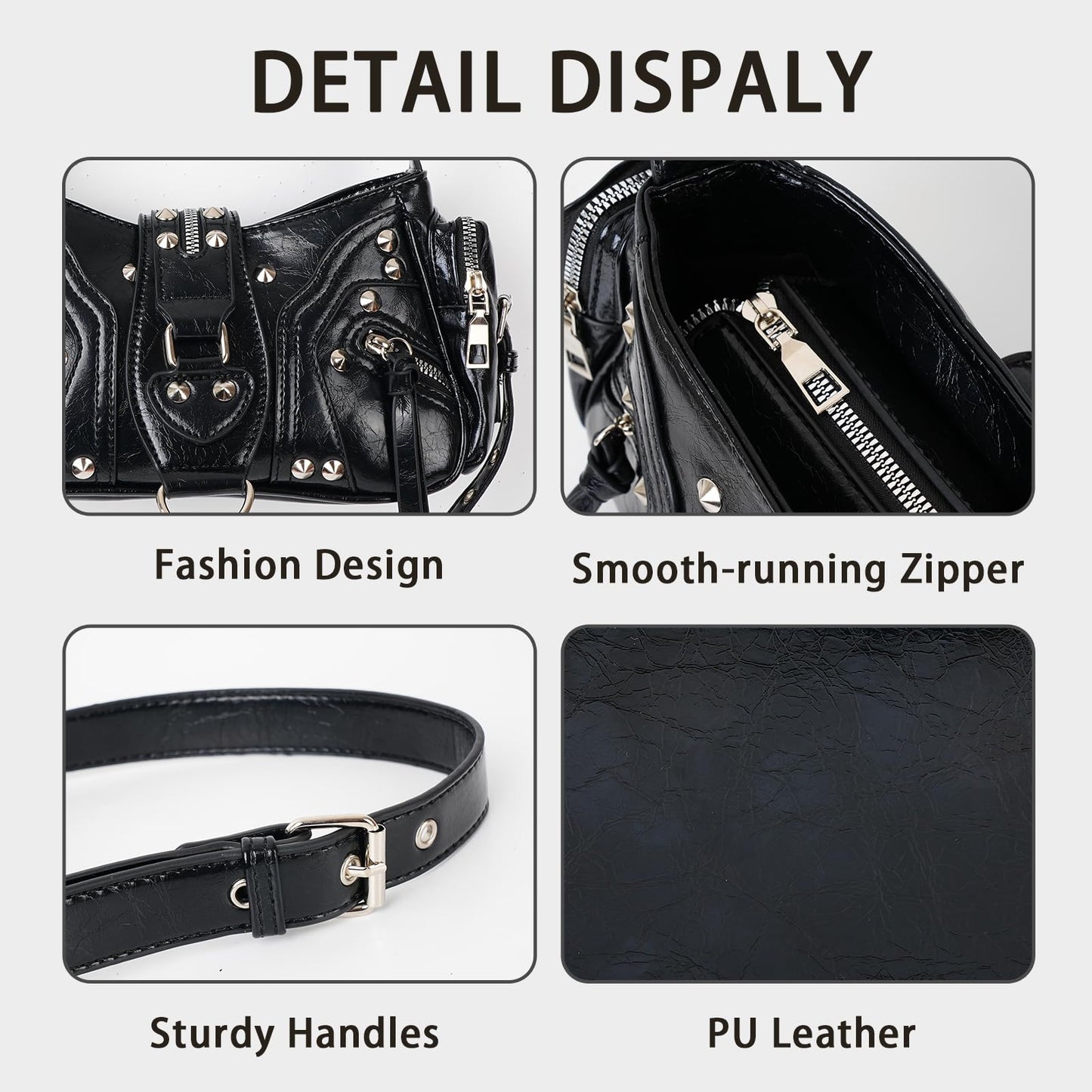 Aulenge Y2k Shoulder Bag for Women Small Studded Black Purse Y2k Mini Purse for Women Shoulder Bag Trendy PU Leather Goth Purses Punk Grunge Accessories Handbag