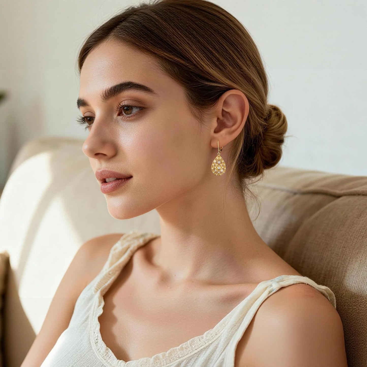 14K Gold Earrings for Women Trendy Filigree Teardrop Dangle Earrings Gold Hypoallergenic Leverback Cubic Zirconia Drop Earring for Jewelry Gifts