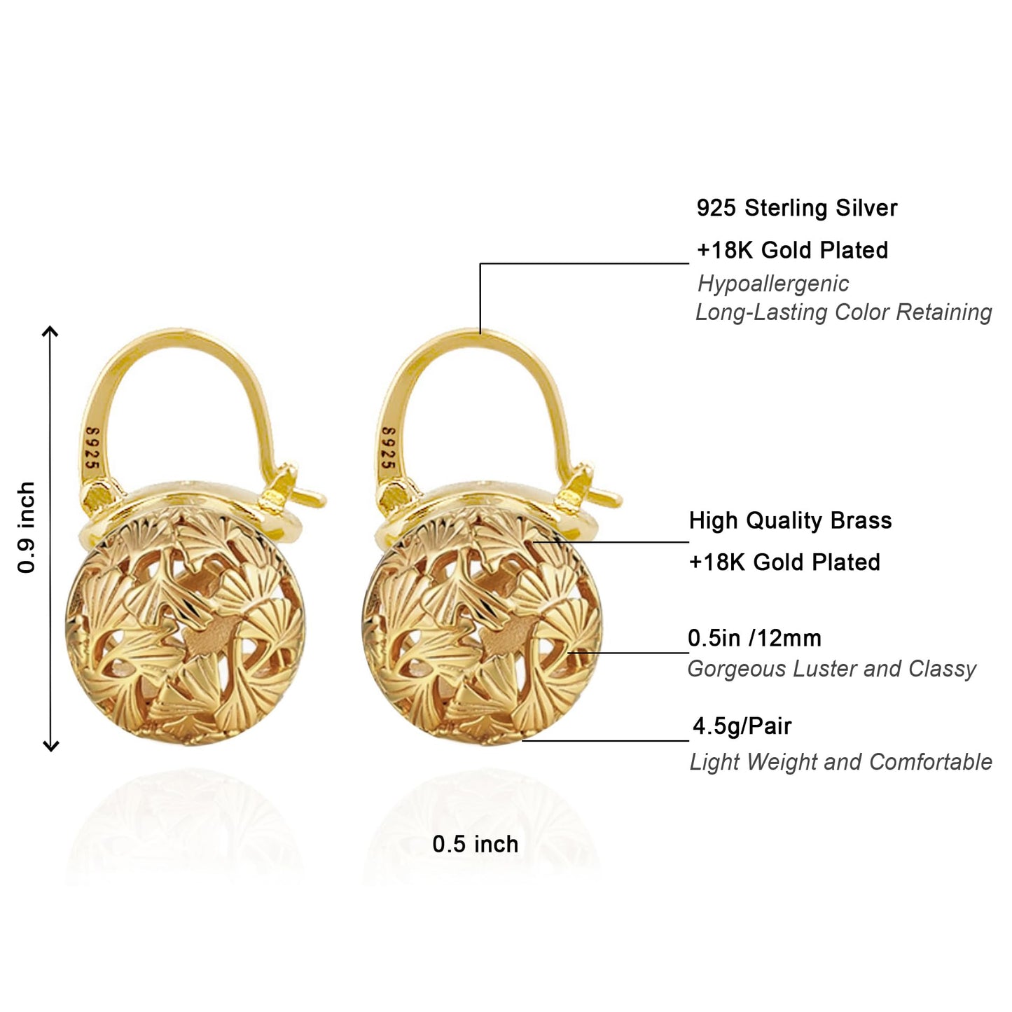 OwMell Elegant 925 Sterling Silver Pearl Drop Earrings Dangle Stud Gold Plated Earrings for Women Large Size 12mm - Hollowed Ginkgo Gold