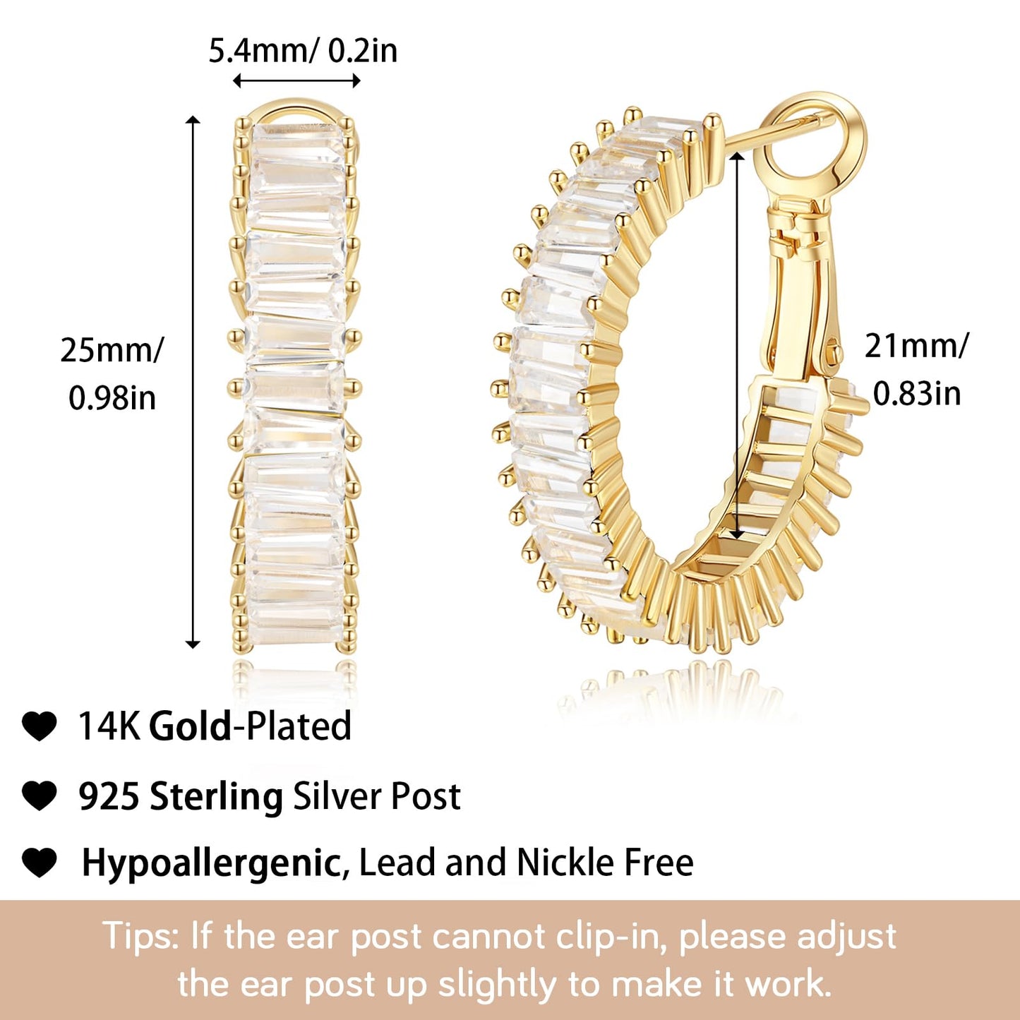 GLOQUAT CZ Gold Plated Hoop Earrings 14K Gold Plated Earrings for Women Vintage Cubic Zirconia Hoop Earrings Fashion Round Circle Rhinestone Hoops Earring for Women 25mm