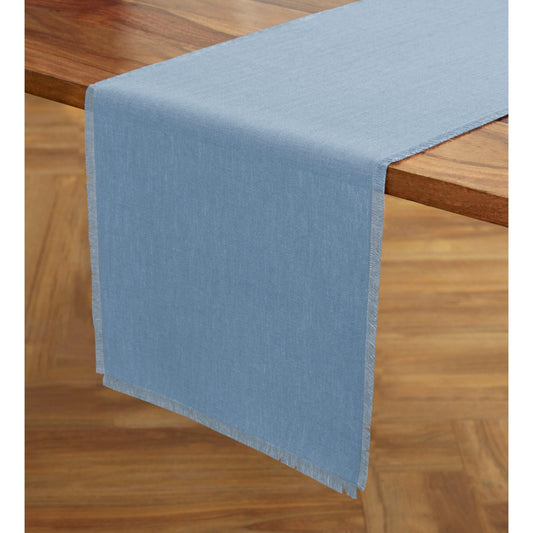 Solino Home Linen Dusty Chambray Blue Table Runner 108 Inches Long - Fringe, 100% Pure Linen 14 x 108 Inch Table Runner for Summer