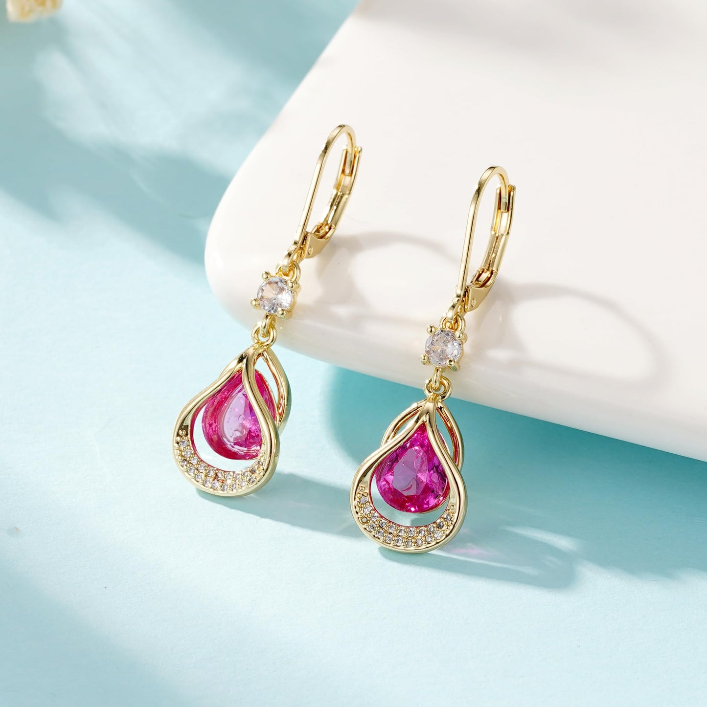 Dangle Trendy Leverback Birthstone Earrings 14K Gold Plated Teardrop Dangle Earrings Jewelry Christmas Birthday Gifts for Women(Gold October)