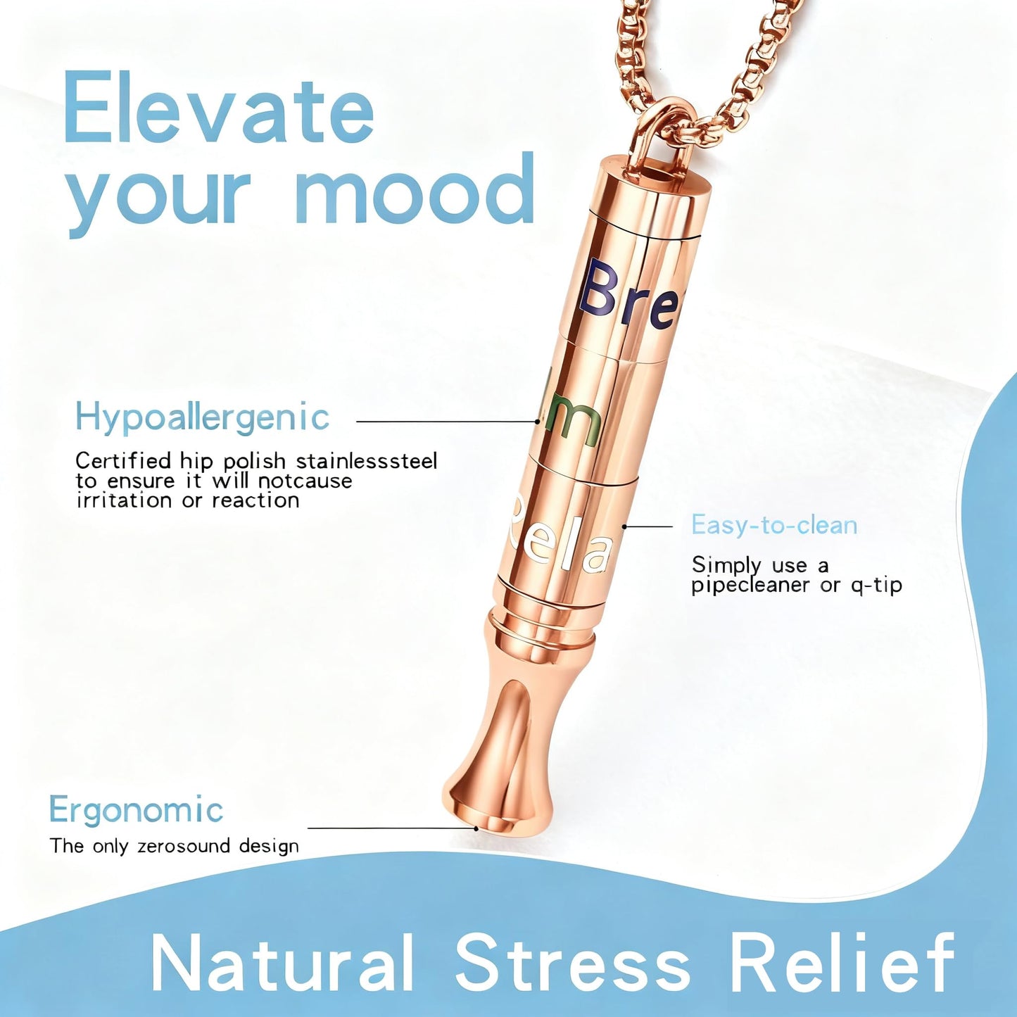 Fidget Necklace with Spinning Calm, Breathe, Relax Charms - Sensory Anxiety Relief & Deep Breathing Aid Stainless Steel Necklaces for Women Men (Rose Gold)