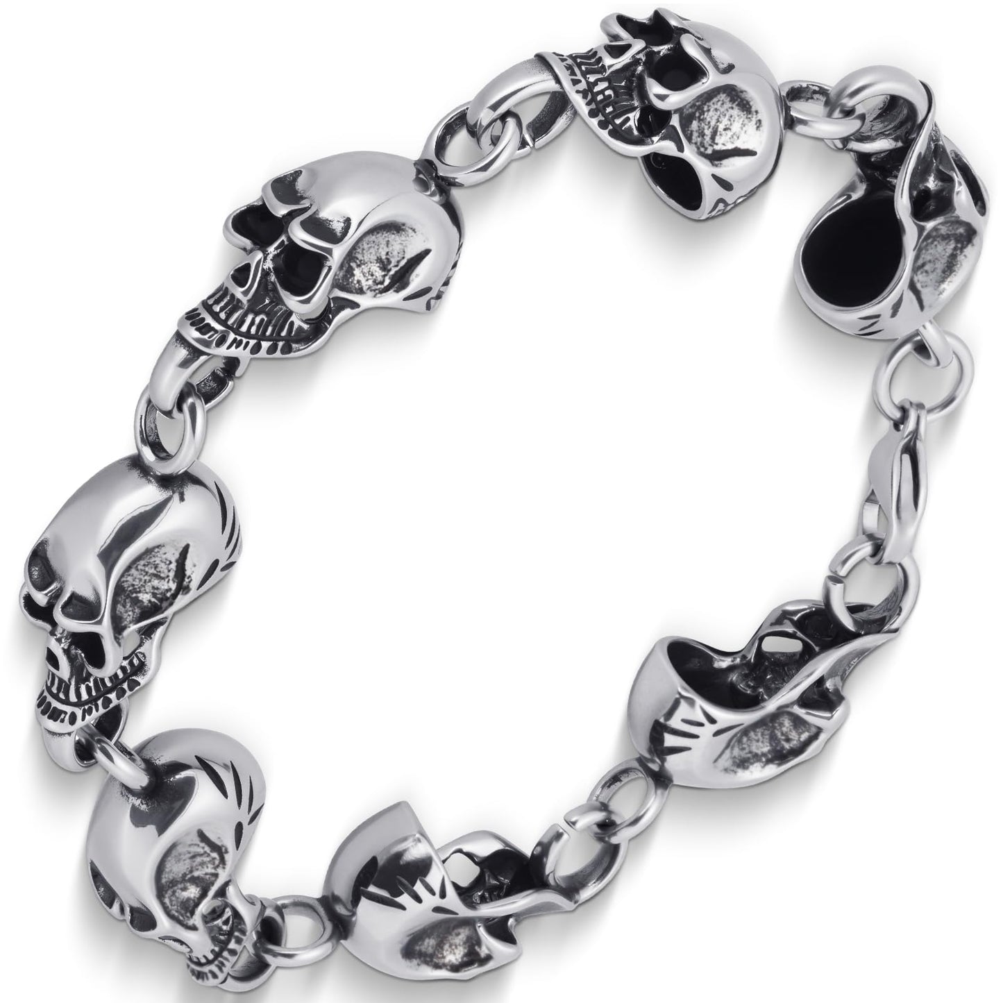 LuxGoth Stainless Steel Skull Head Link Chain Bracelet Gothic Punk Rock Biker Viking Vintage Link Curb Bracelet Jewelry for Men Silver GTS-B1B45041